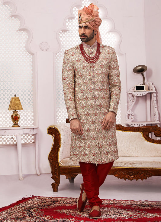 Embroidered Banarasi Silk Off White Sherwani - M3317