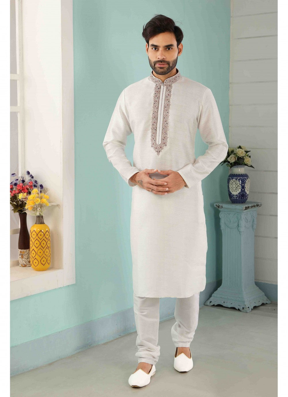 Embroidered Banarasi Silk Off White Kurta Pyjama - M1795