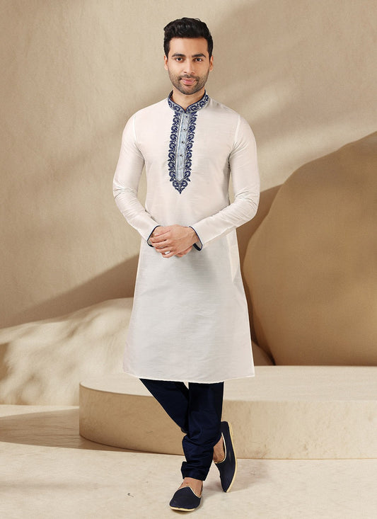 Embroidered Banarasi Silk Off White Kurta Pyjama - M3243