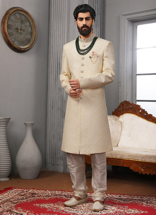 Embroidered Banarasi Silk Off White Sherwani - M3308