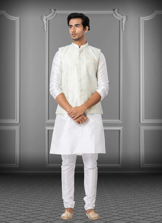 Fancy Work Dupion Silk, Linen Off White Kurta Payjama With Jacket - M3776