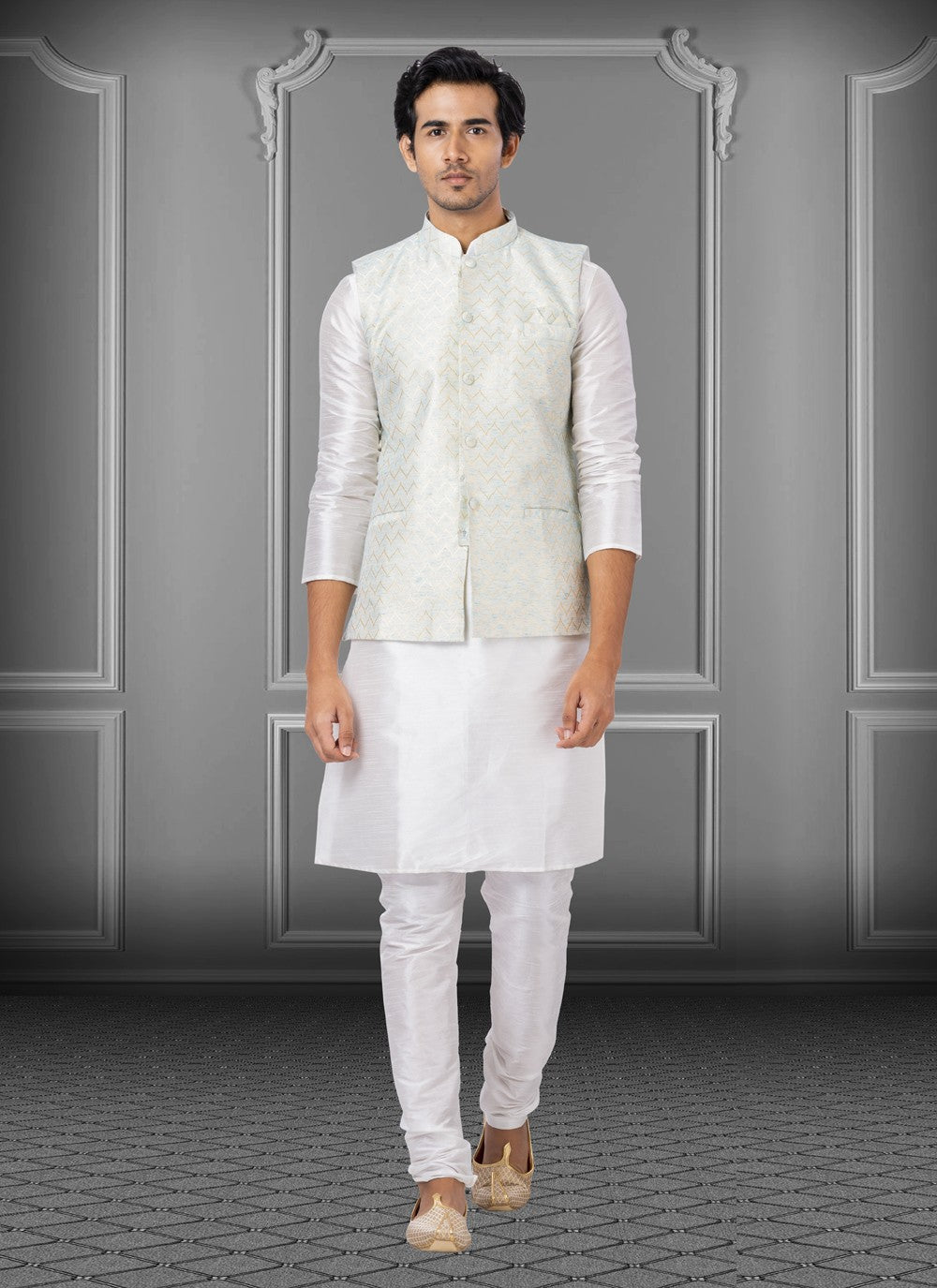 Fancy Work Dupion Silk, Linen Off White Kurta Payjama With Jacket - M3768