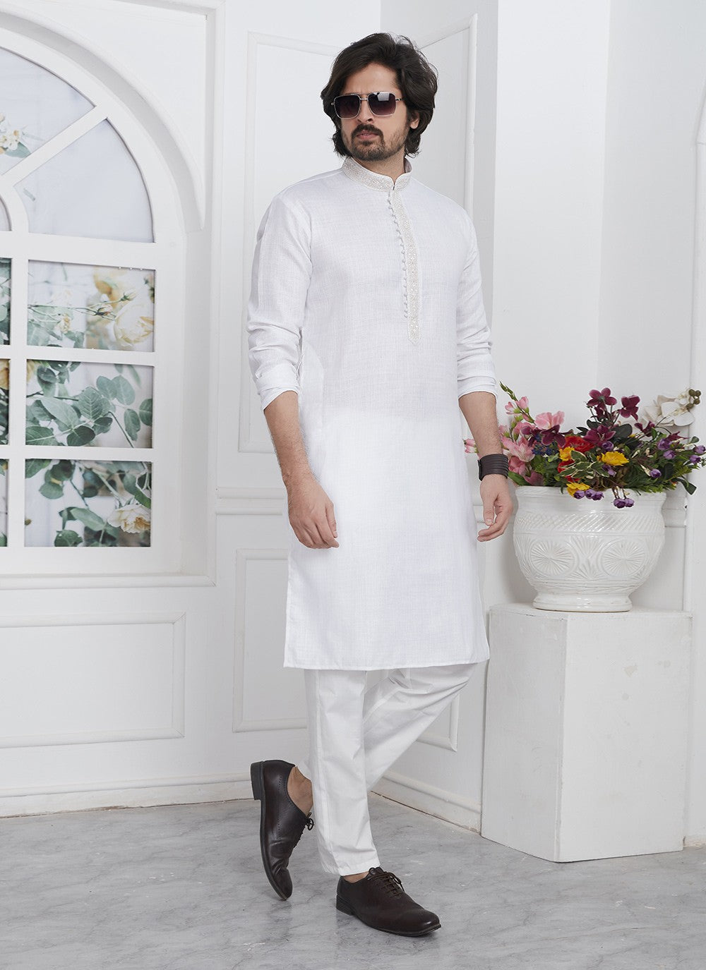 Fancy Work Cotton , Linen Off White Kurta Pyjama - M7114