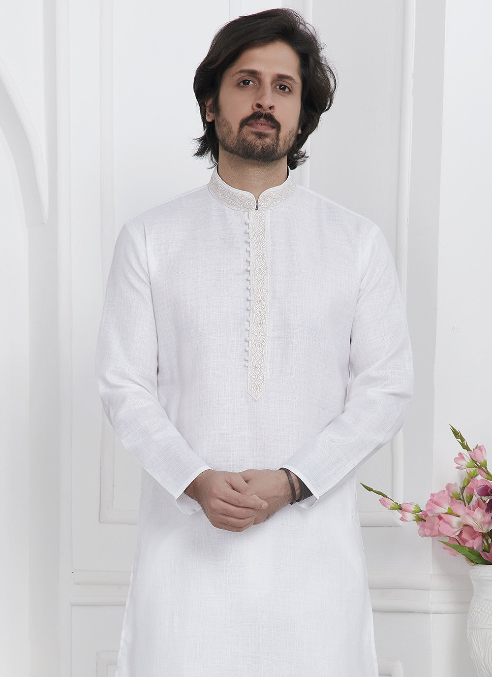 Fancy Work Cotton , Linen Off White Kurta Pyjama - M7114