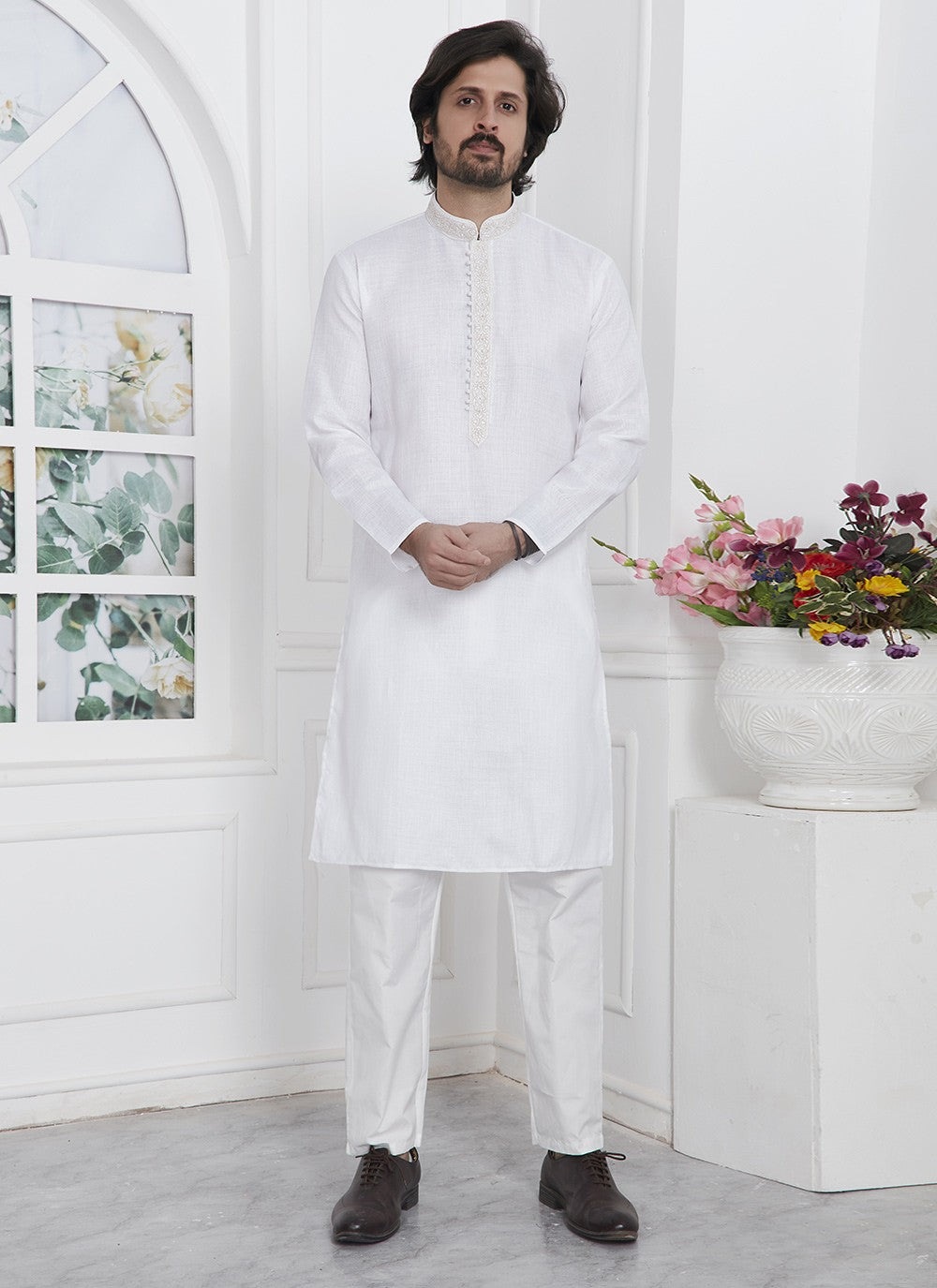 Fancy Work Cotton , Linen Off White Kurta Pyjama - M7114