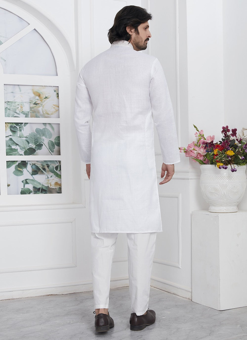 Fancy Work Cotton , Linen Off White Kurta Pyjama - M7114