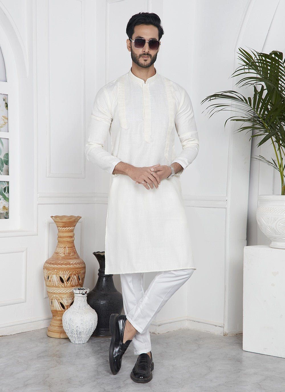 Fancy Work Cotton , Linen Off White Kurta Pyjama - M7094