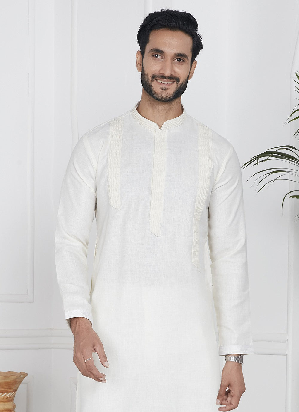 Fancy Work Cotton , Linen Off White Kurta Pyjama - M7094