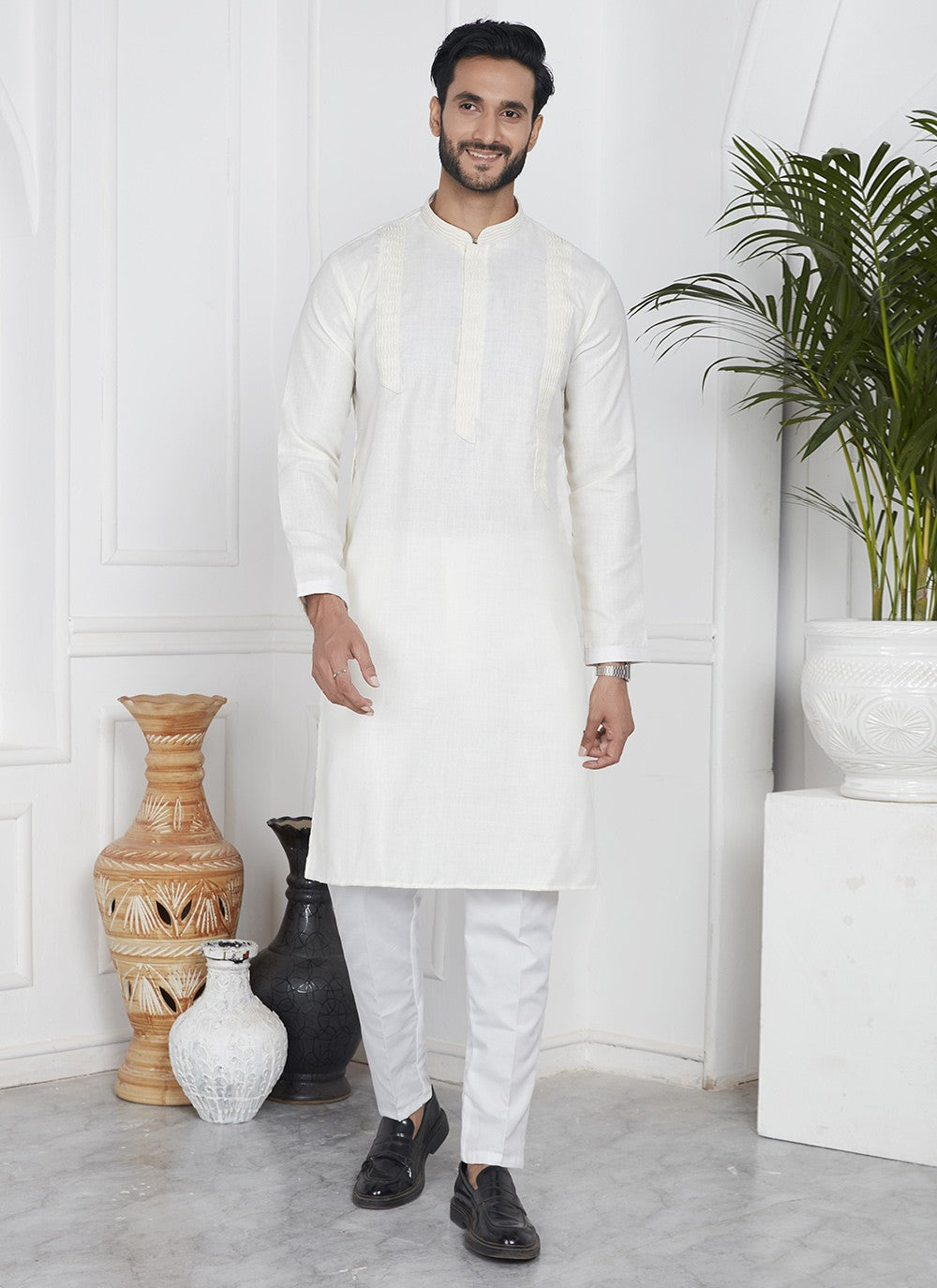 Fancy Work Cotton , Linen Off White Kurta Pyjama - M7094