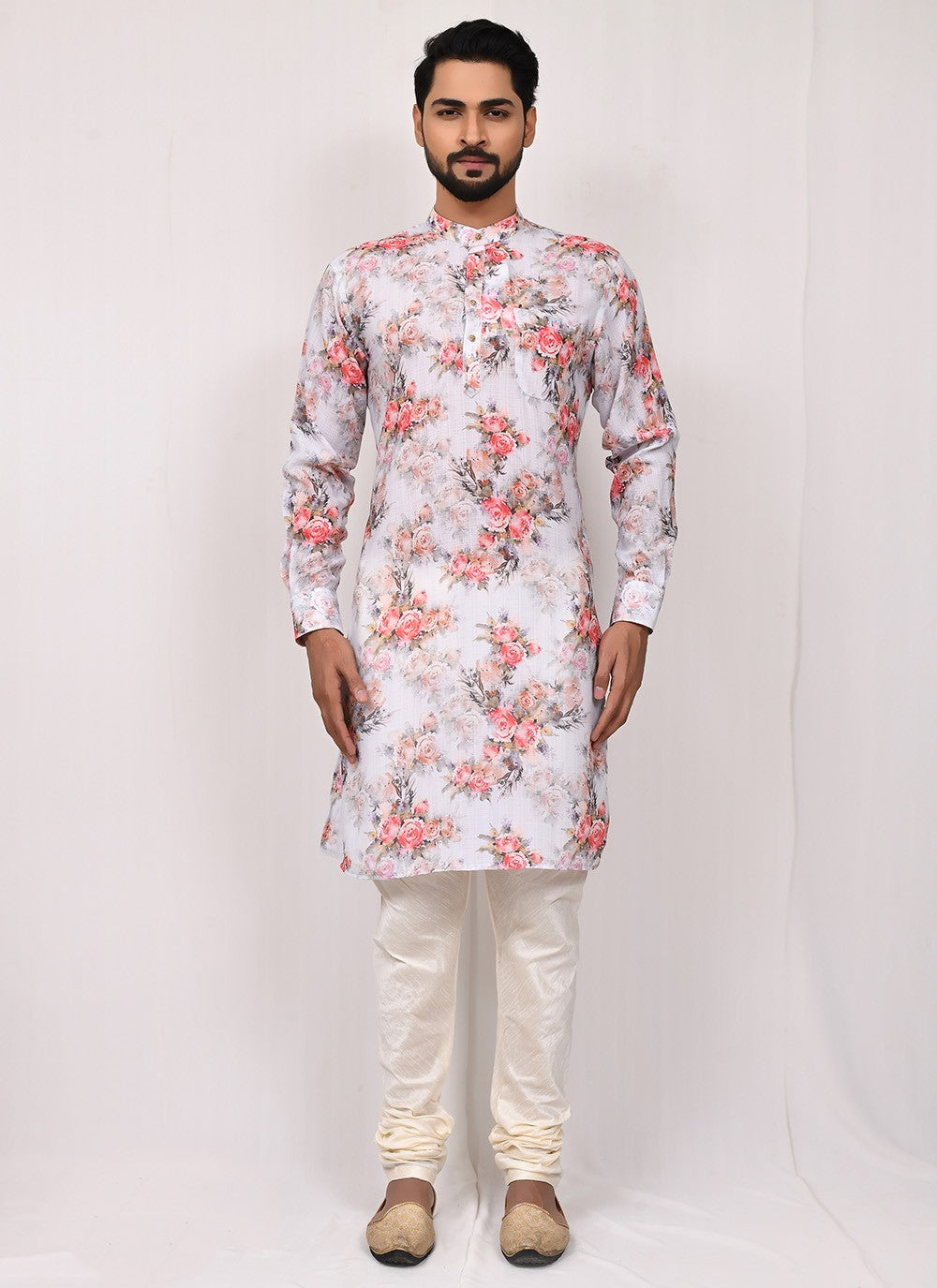 Printed Cotton Silk Off White Kurta Pyjama - M2521