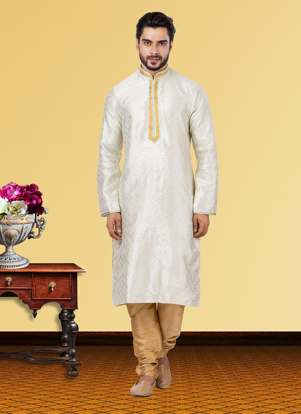 Foliage Prints Linen, Silk Off White Kurta Pyjama - M3695