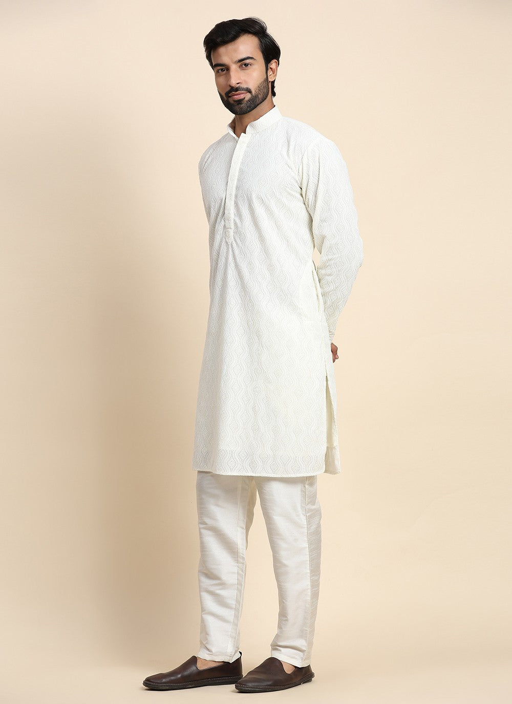 Chikankari Work Georgette Off White Kurta Pyjama - M8449