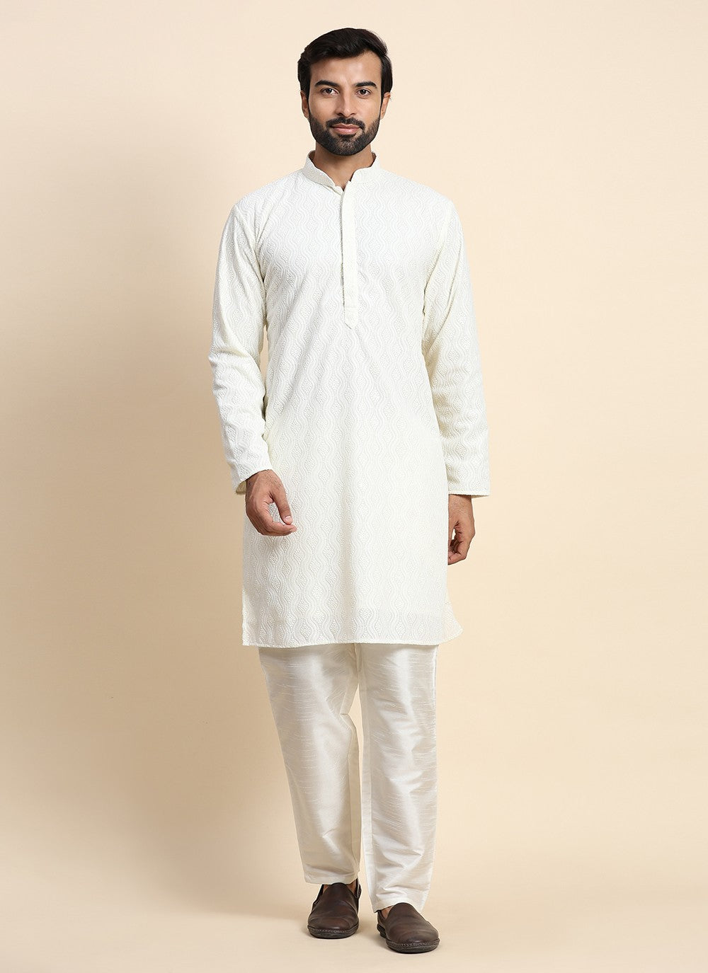 Chikankari Work Georgette Off White Kurta Pyjama - M8449