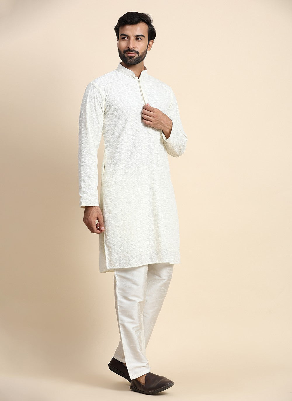 Chikankari Work Georgette Off White Kurta Pyjama - M8449