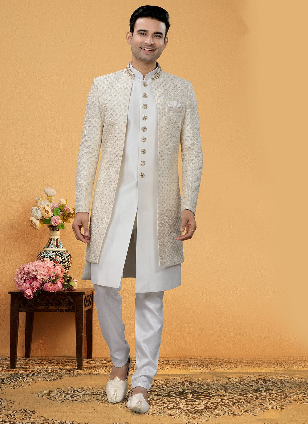 Hand Embroidery Art Silk Off White Indo Western Sherwani - M5152