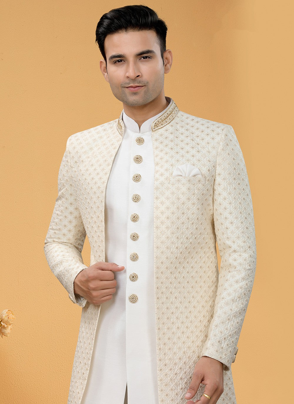 Hand Embroidery Art Silk Off White Indo Western Sherwani - M5152