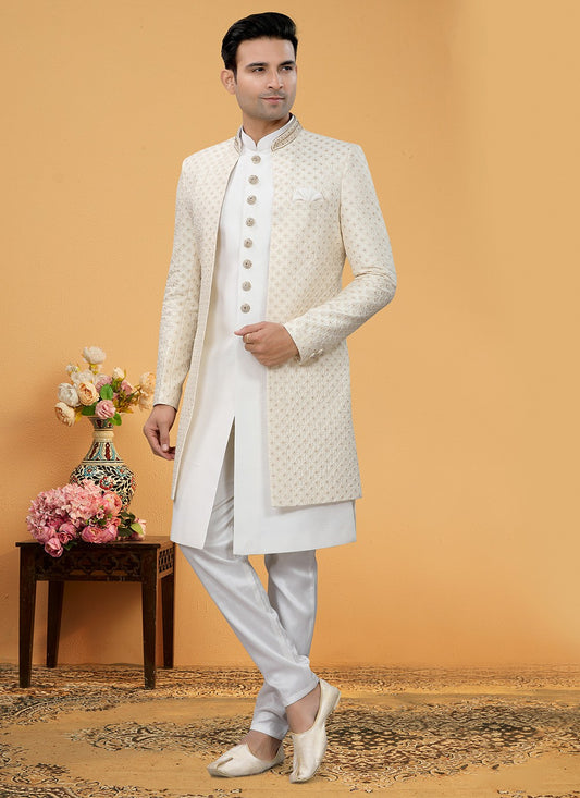 Hand Embroidery Art Silk Off White Indo Western Sherwani - M5152