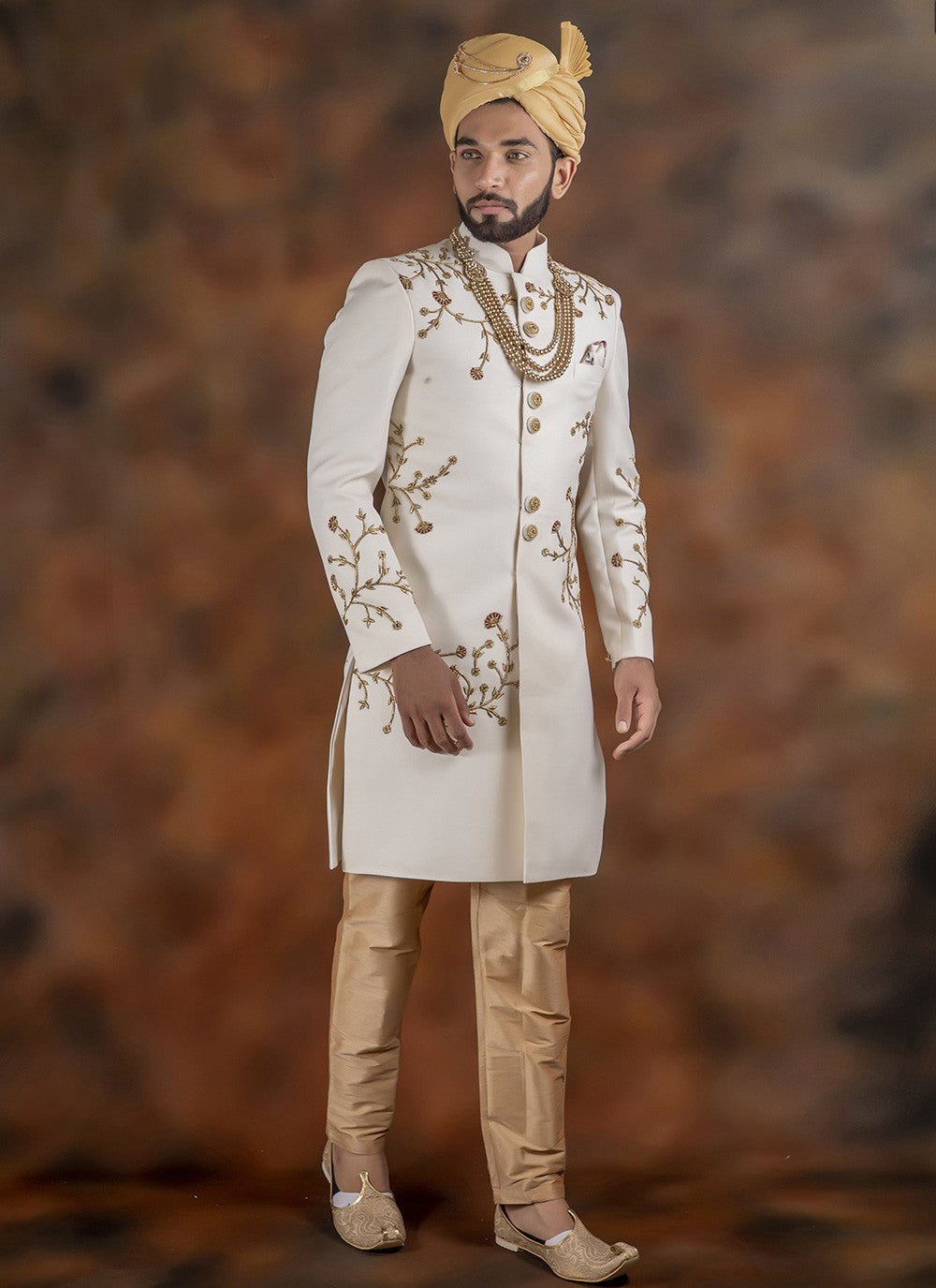 Fancy Work Jacquard Off White Indo Western Sherwani - M2821