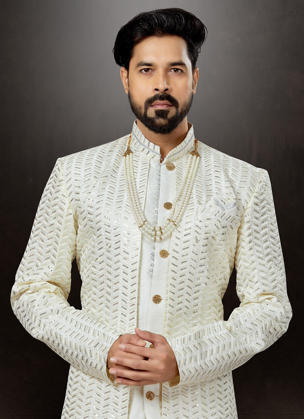 Embroidered Jacquard Off White Indo Western Sherwani - M4823