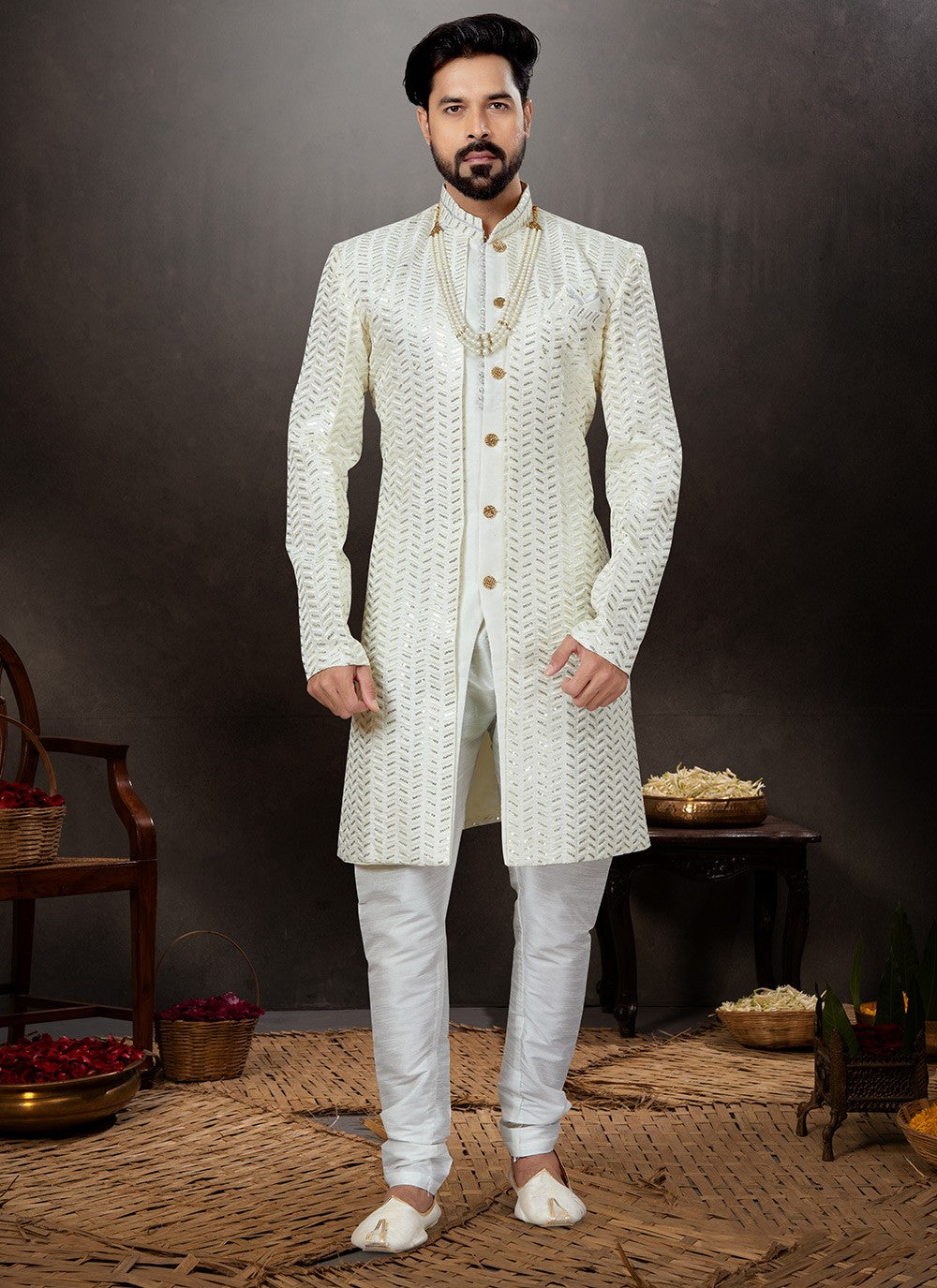 Embroidered Jacquard Off White Indo Western Sherwani - M4823