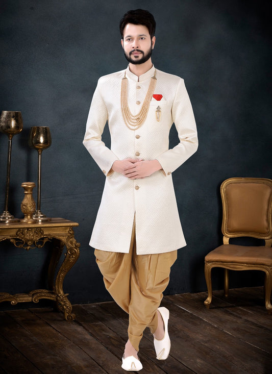 Woven Jacquard Off White Indo Western Sherwani - M4455