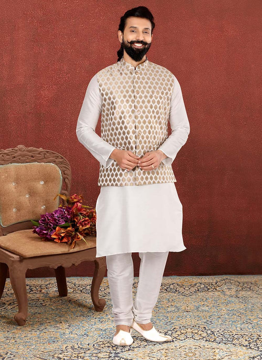 Embroidered Dupion Silk, Jacquard Silk Off White Kurta Payjama With Jacket - M2551