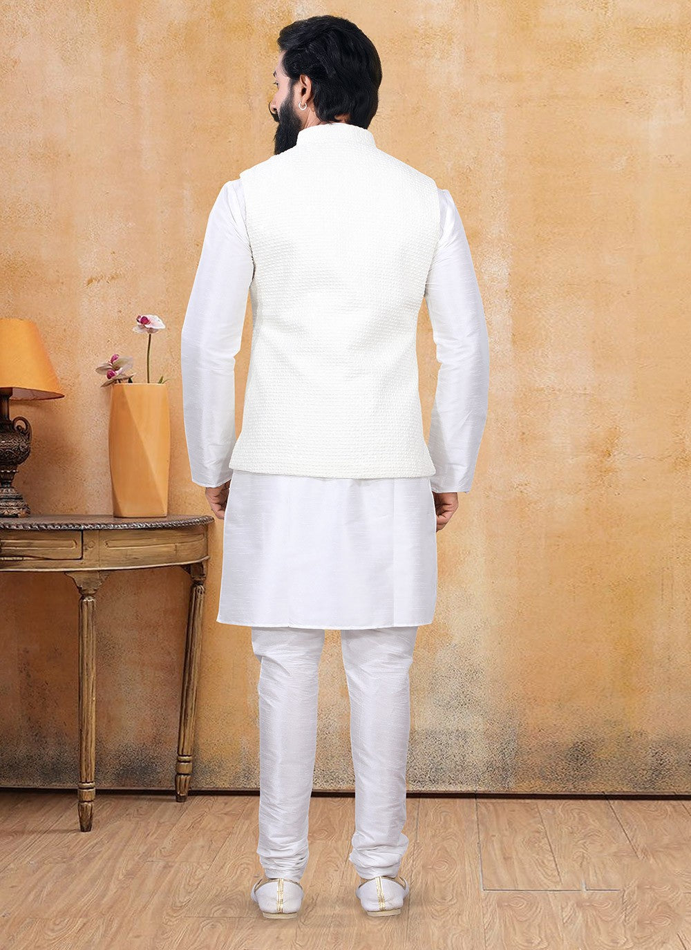 Fancy Work Lucknowi Off White Kurta Payjama With Jacket - M3359