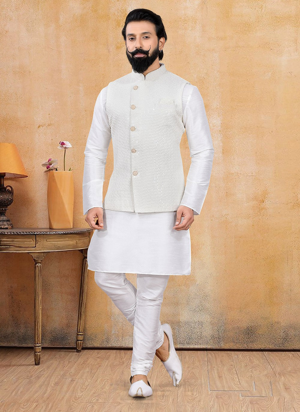 Fancy Work Lucknowi Off White Kurta Payjama With Jacket - M3359