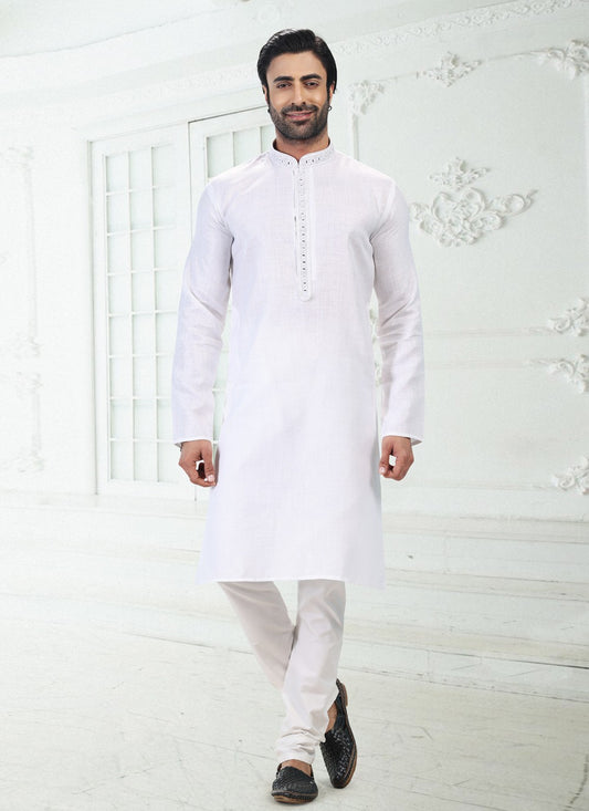 Thread Cotton , Linen Off White Kurta Pyjama - M4884