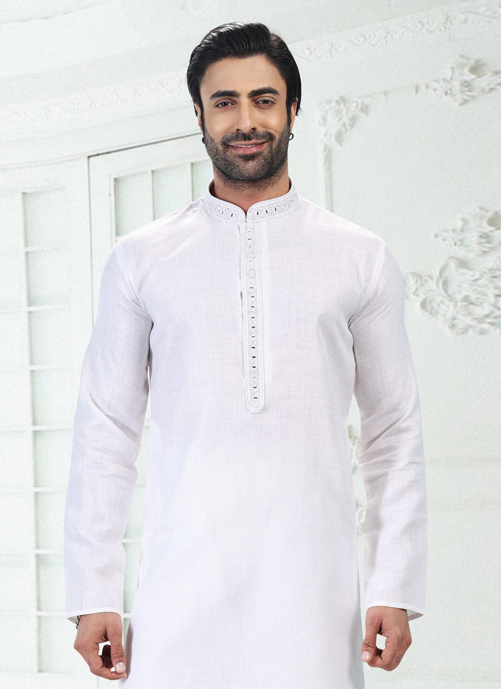 Thread Cotton , Linen Off White Kurta Pyjama - M4884