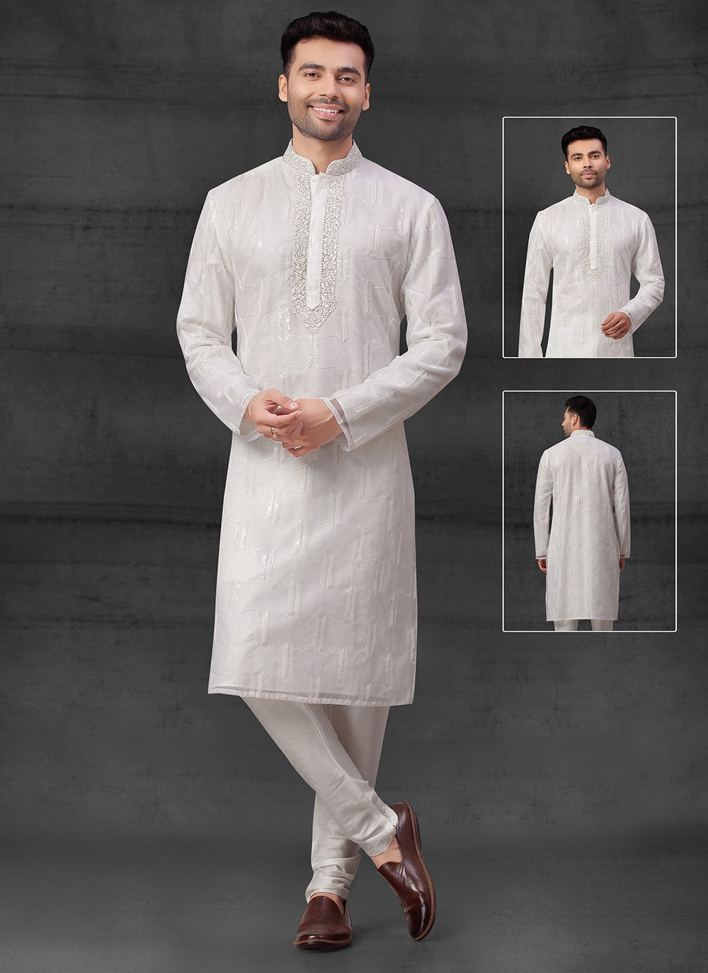 Embroidered Organza, Silk Off White Kurta Pyjama - M4097