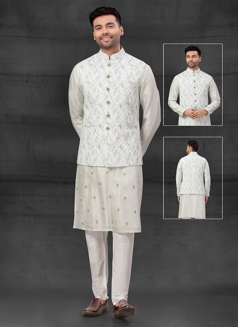 Thread Silk Off White Kurta Payjama With Jacket - M4087