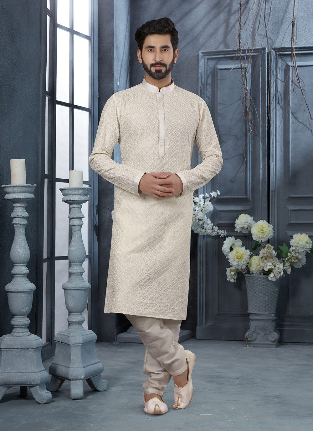 Embroidered Silk Off White Kurta Pyjama - M3052