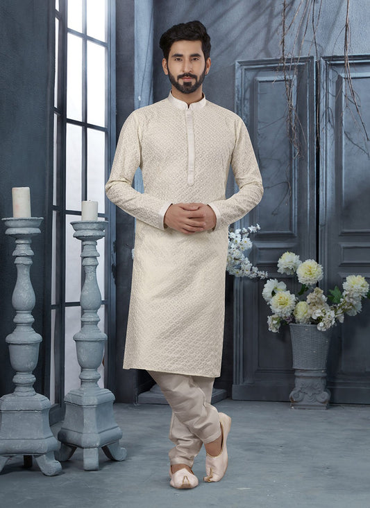 Embroidered Silk Off White Kurta Pyjama - M3052