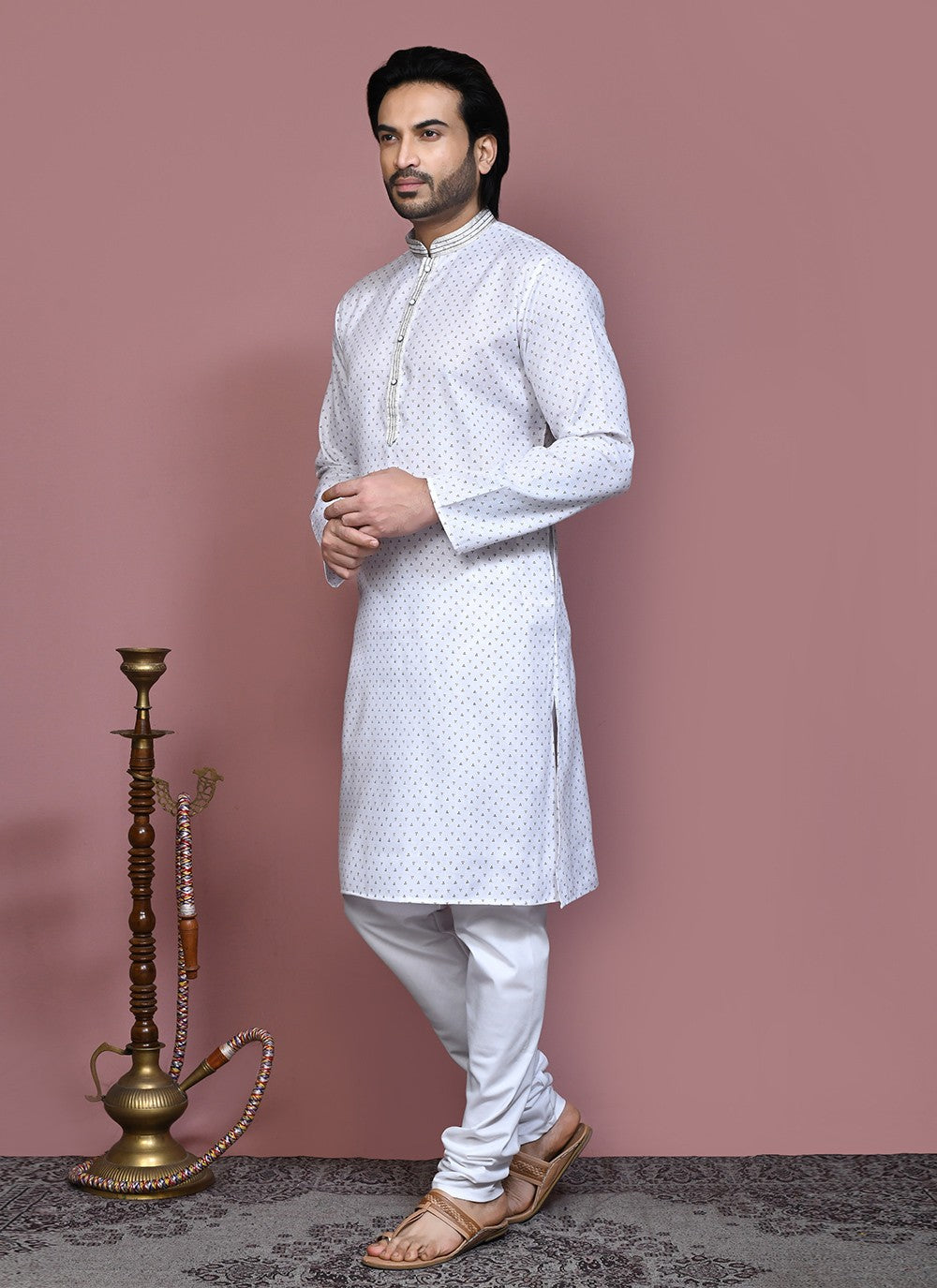 Printed Cotton Off White Kurta Pyjama - M7922