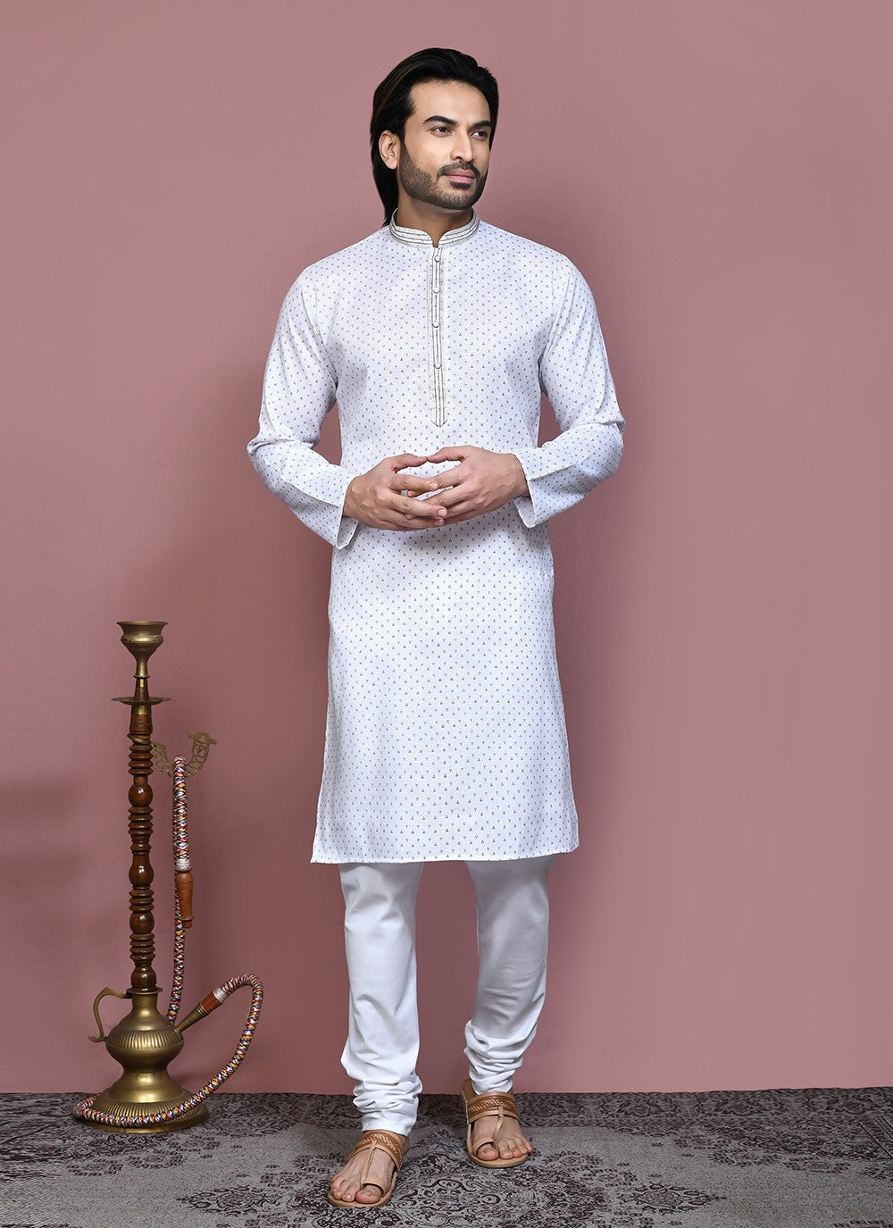 Printed Cotton Off White Kurta Pyjama - M7922