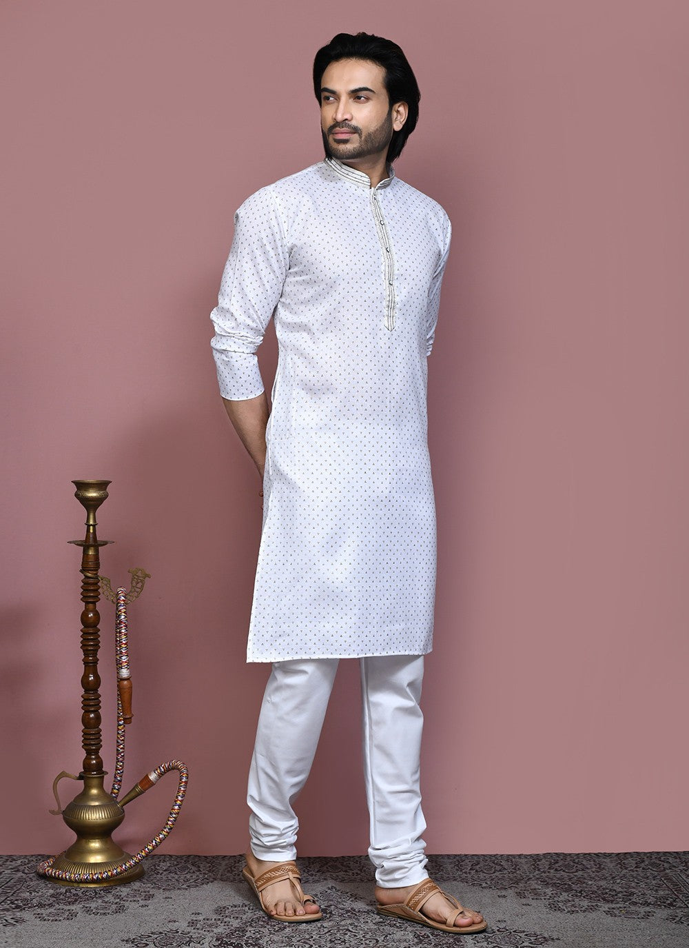 Printed Cotton Off White Kurta Pyjama - M7922