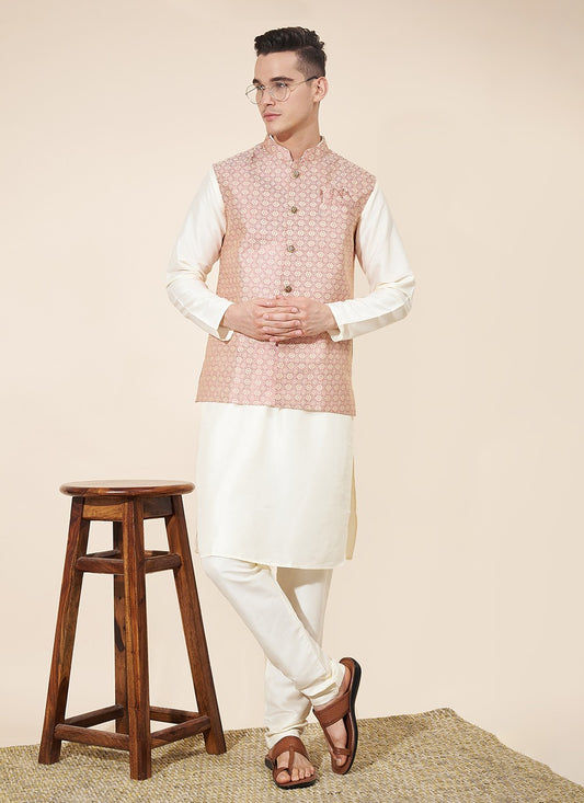 Jacquard Work Pure Silk Off White Kurta Payjama With Jacket - M8024