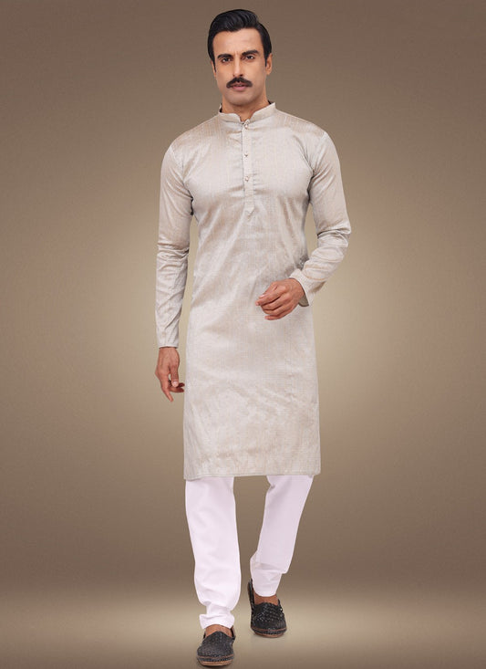 Fancy Work Silk Off White Kurta Pyjama - M4621