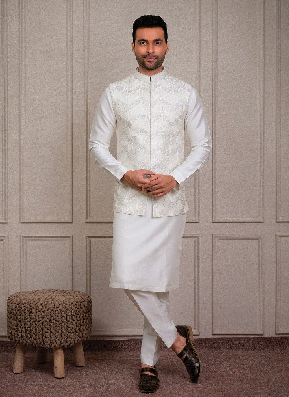 Embroidered Silk Off White Kurta Payjama With Jacket - M8453