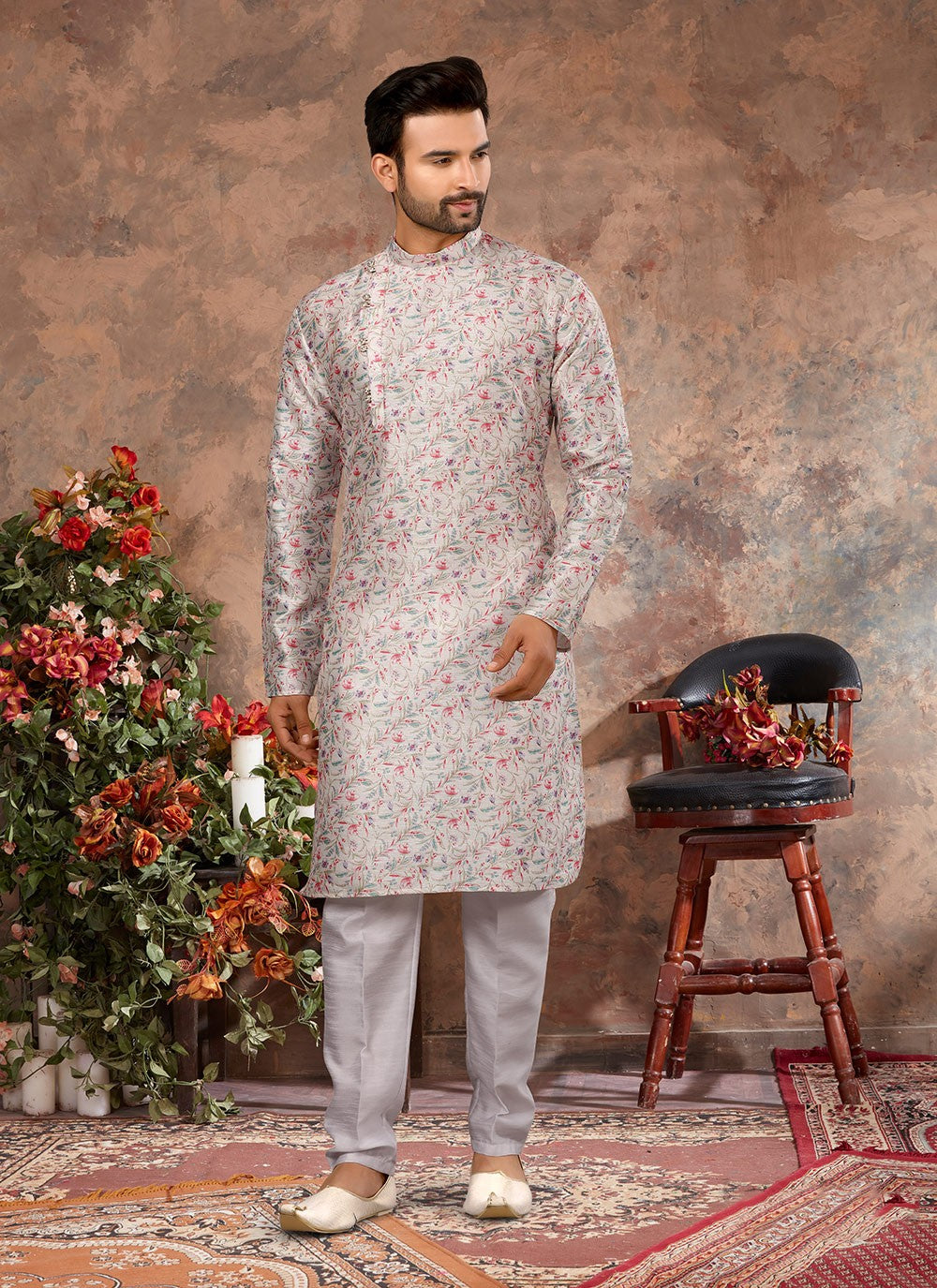 Digital Print Silk Off White Kurta Pyjama - M3043