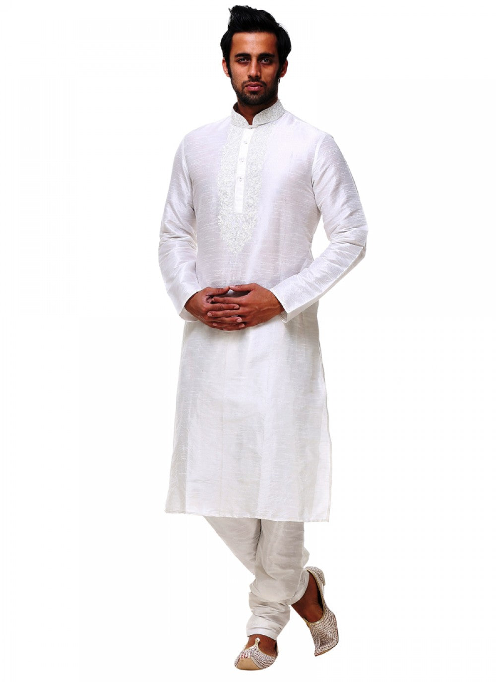 Embroidered Silk Off White Kurta Pyjama - M1016