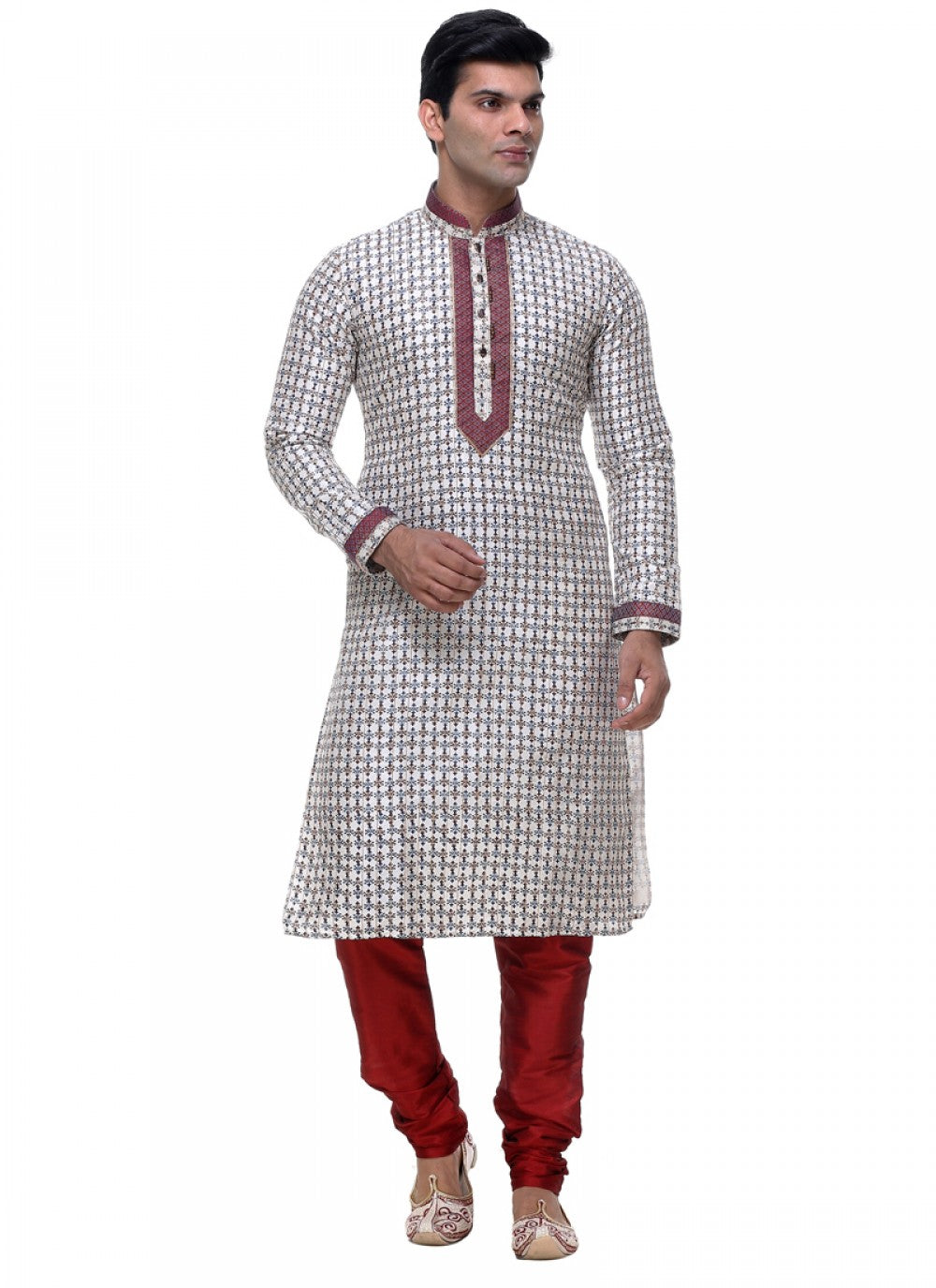 Embroidered Silk Off White Kurta Pyjama - M1027