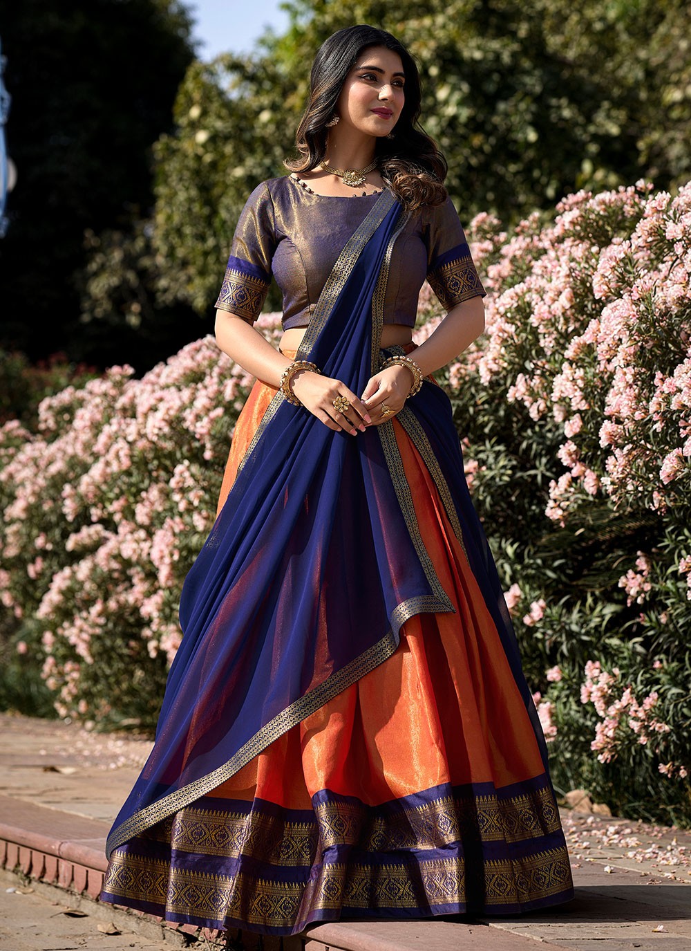 Weaving Zari Kanchipuram Silk A - Line Lehenga - L1774