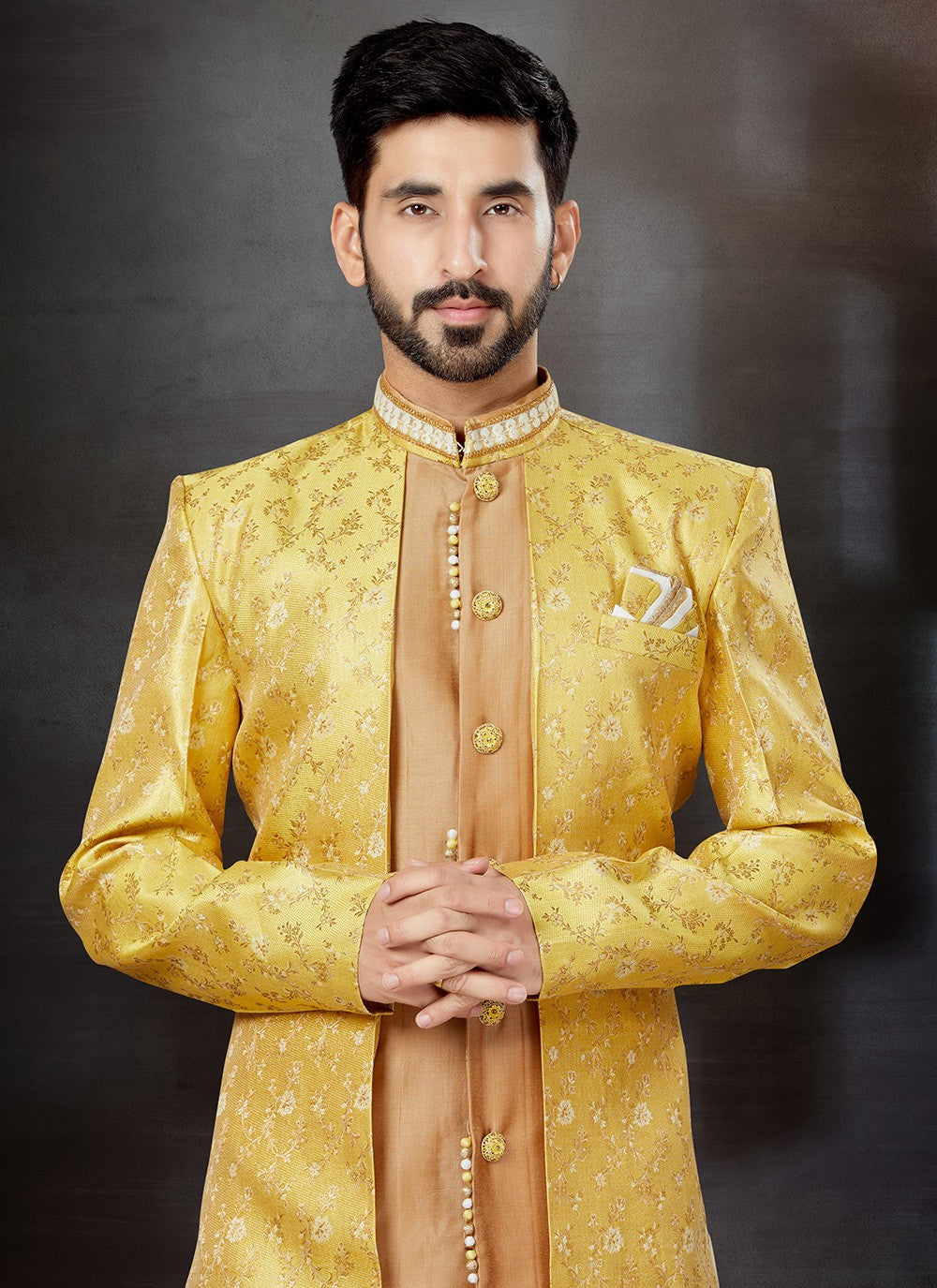 Embroidered Jacquard Orange, Yellow Indo Western Sherwani - M4794