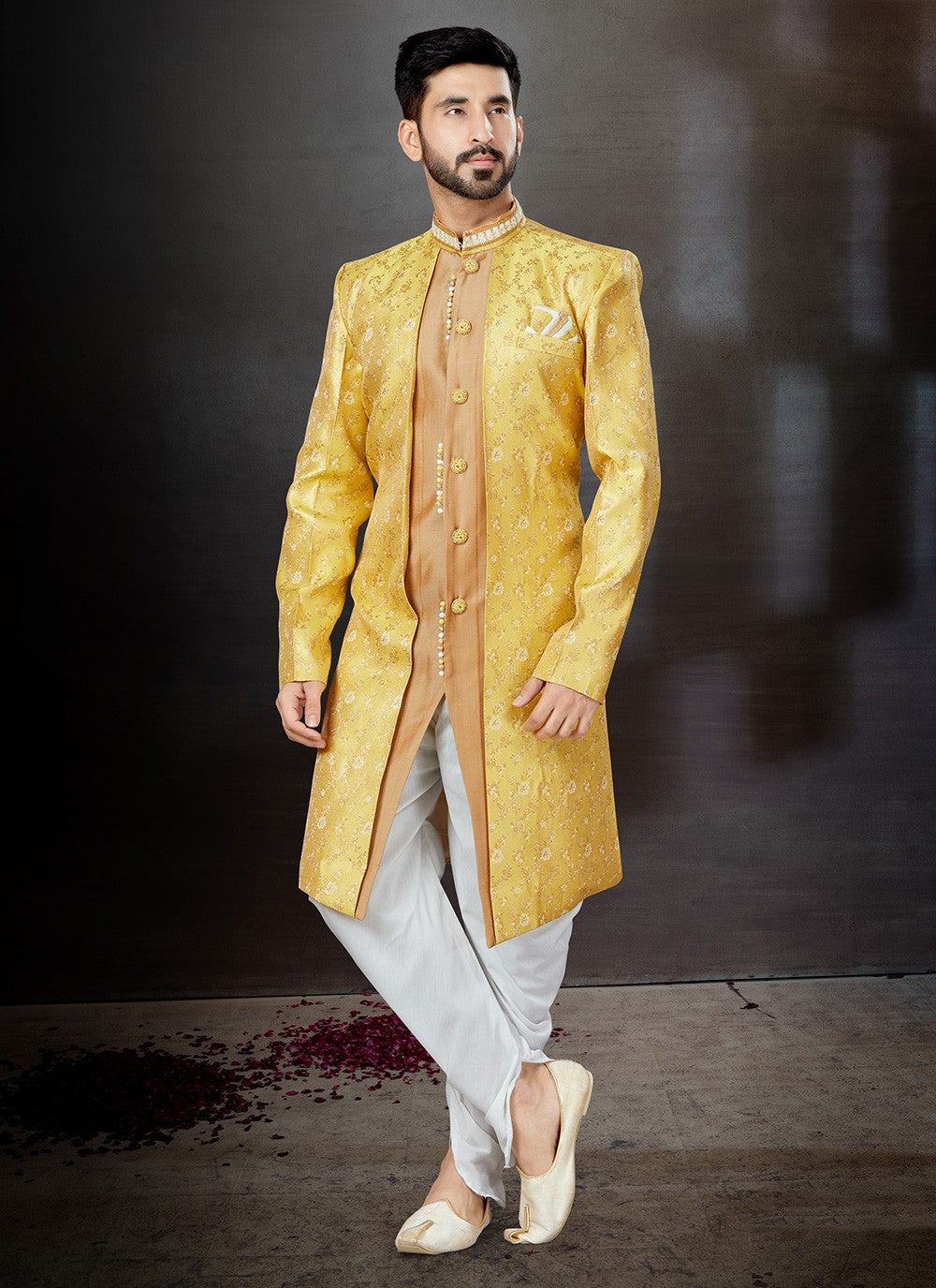 Embroidered Jacquard Orange, Yellow Indo Western Sherwani - M4794