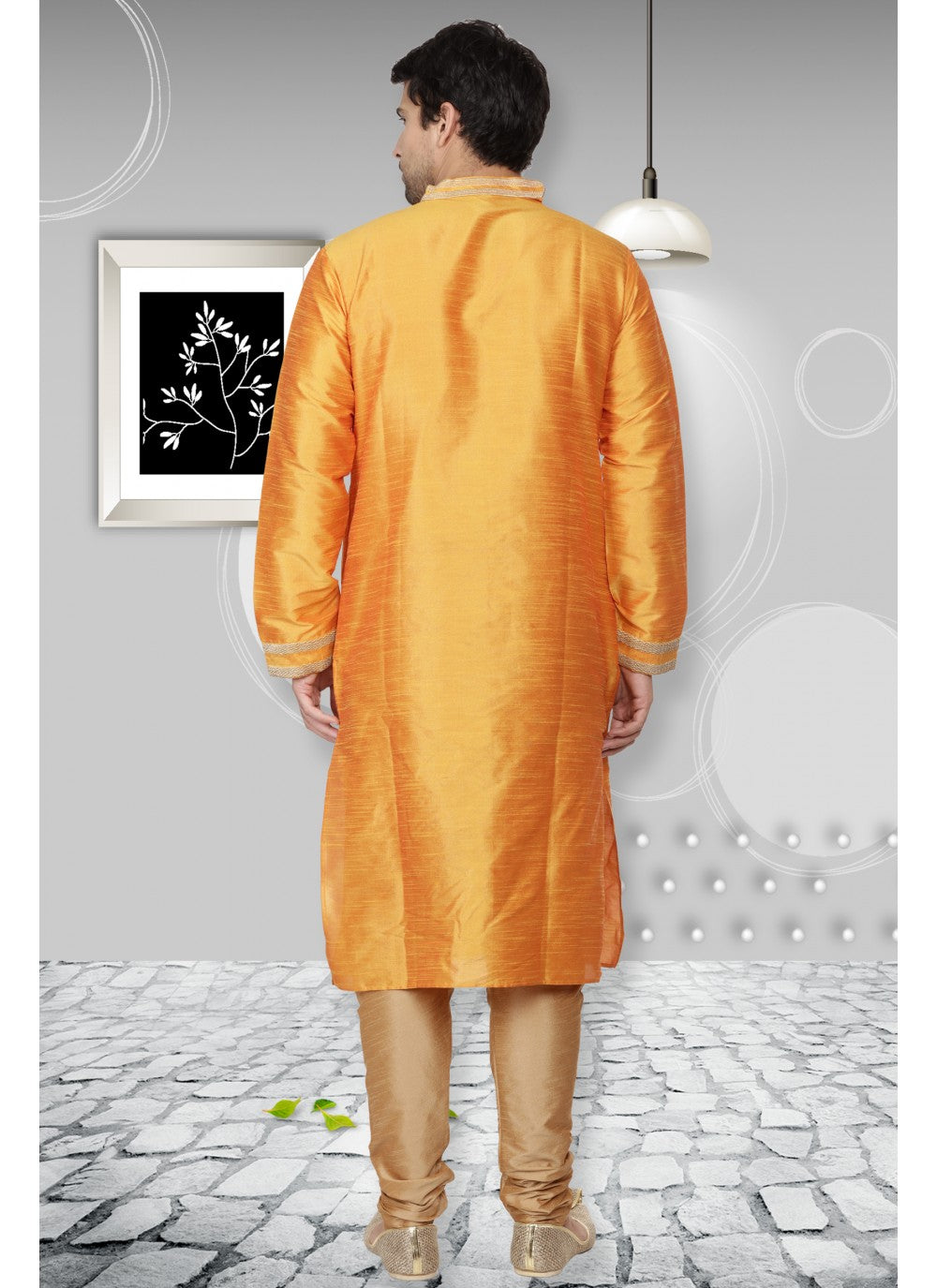 Embroidered Art Dupion Silk Orange Kurta Pyjama - M1102