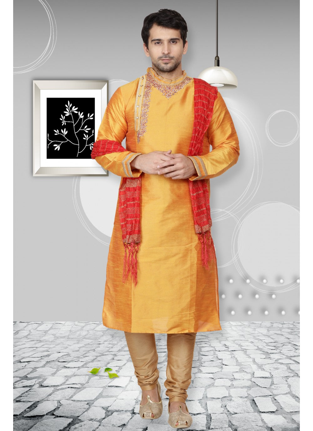 Embroidered Art Dupion Silk Orange Kurta Pyjama - M1102