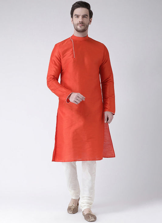 Plain Art Dupion Silk Orange Kurta Pyjama - M1443