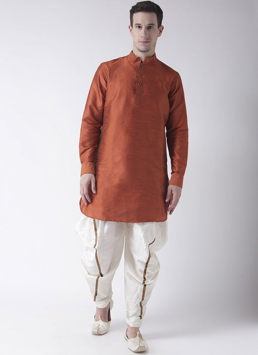 Plain Art Dupion Silk Orange Dhoti Kurta - M1429